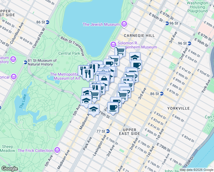 map of restaurants, bars, coffee shops, grocery stores, and more near 41 East 83rd Street in New York