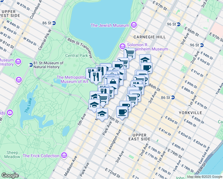 map of restaurants, bars, coffee shops, grocery stores, and more near 1100 Madison Avenue in New York