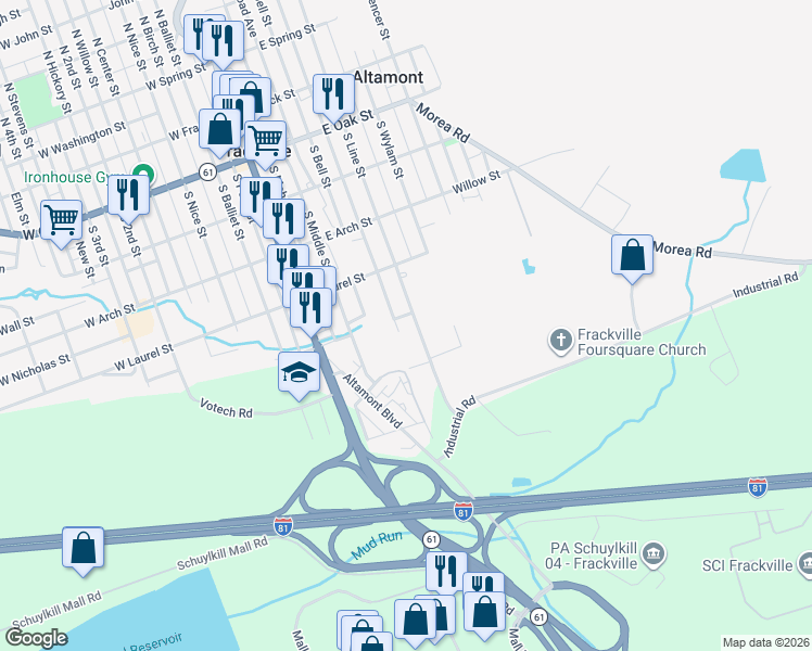 map of restaurants, bars, coffee shops, grocery stores, and more near 506 South Line Street in Frackville