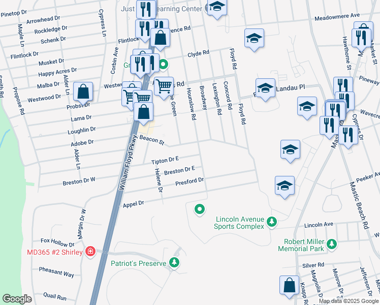 map of restaurants, bars, coffee shops, grocery stores, and more near 26 Beacon Street in Shirley