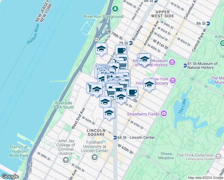map of restaurants, bars, coffee shops, grocery stores, and more near 212 West 72nd Street in New York