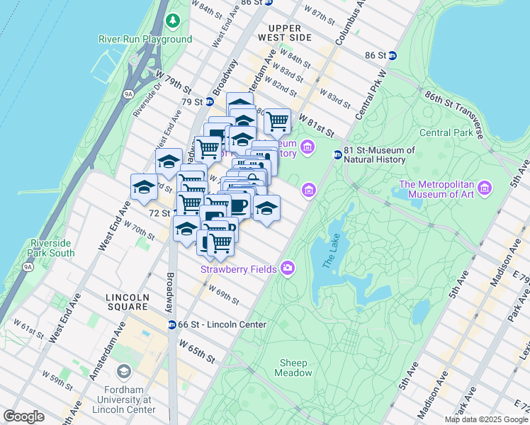 map of restaurants, bars, coffee shops, grocery stores, and more near 44 West 75th Street in New York