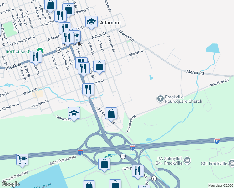 map of restaurants, bars, coffee shops, grocery stores, and more near 506 South Line Street in Frackville