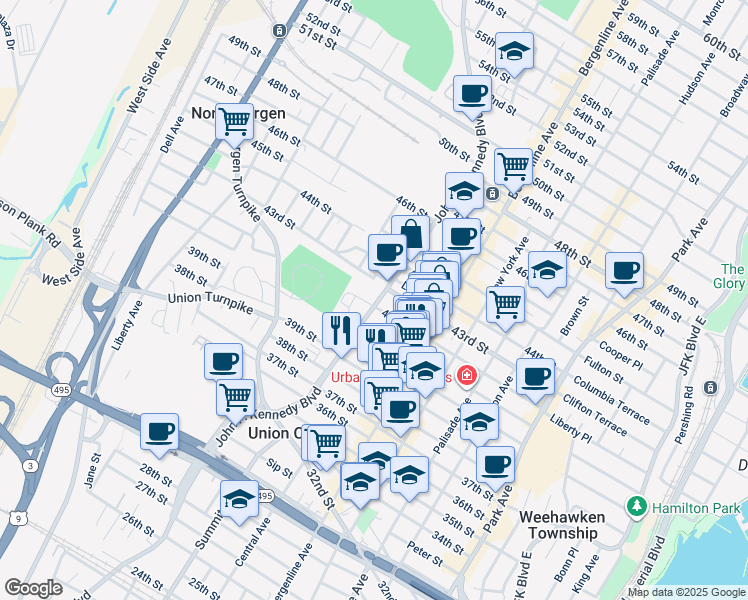 map of restaurants, bars, coffee shops, grocery stores, and more near 4201 John F. Kennedy Boulevard in North Bergen