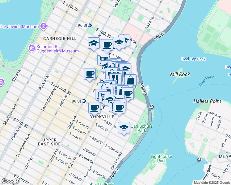 map of restaurants, bars, coffee shops, grocery stores, and more near 402 East 90th Street in New York