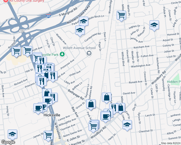 map of restaurants, bars, coffee shops, grocery stores, and more near 56 Libby Avenue in Hicksville