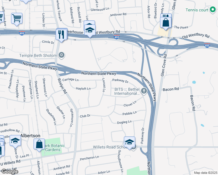 map of restaurants, bars, coffee shops, grocery stores, and more near 21 Parkway Drive in Roslyn Heights