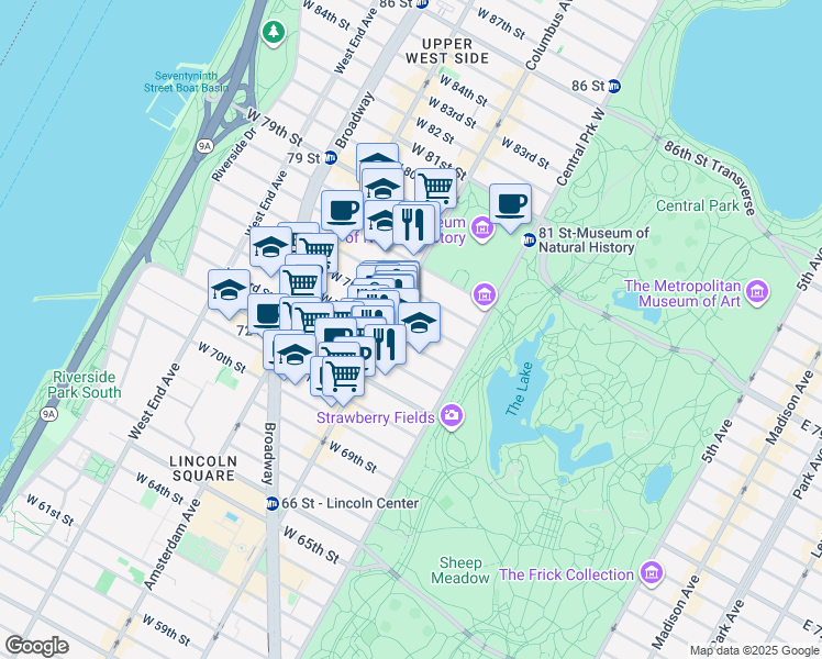 map of restaurants, bars, coffee shops, grocery stores, and more near 50 West 75th Street in New York