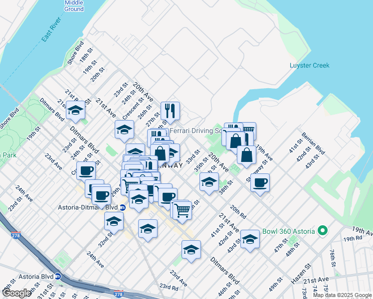 map of restaurants, bars, coffee shops, grocery stores, and more near in Queens
