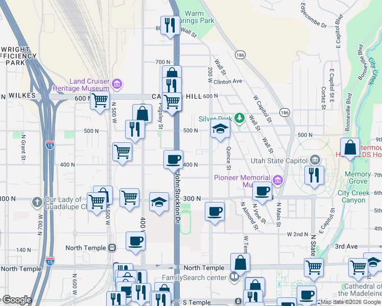 map of restaurants, bars, coffee shops, grocery stores, and more near 259 Bishop Place in Salt Lake City