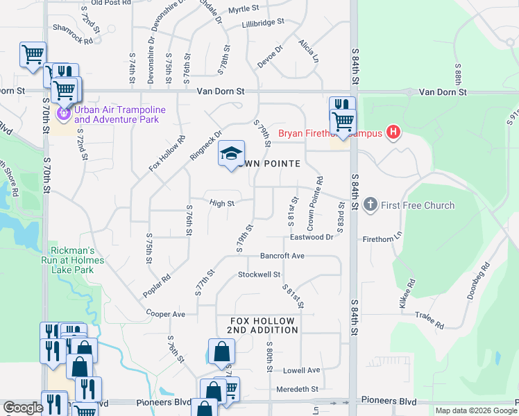 map of restaurants, bars, coffee shops, grocery stores, and more near 7901 East Pointe Road in Lincoln
