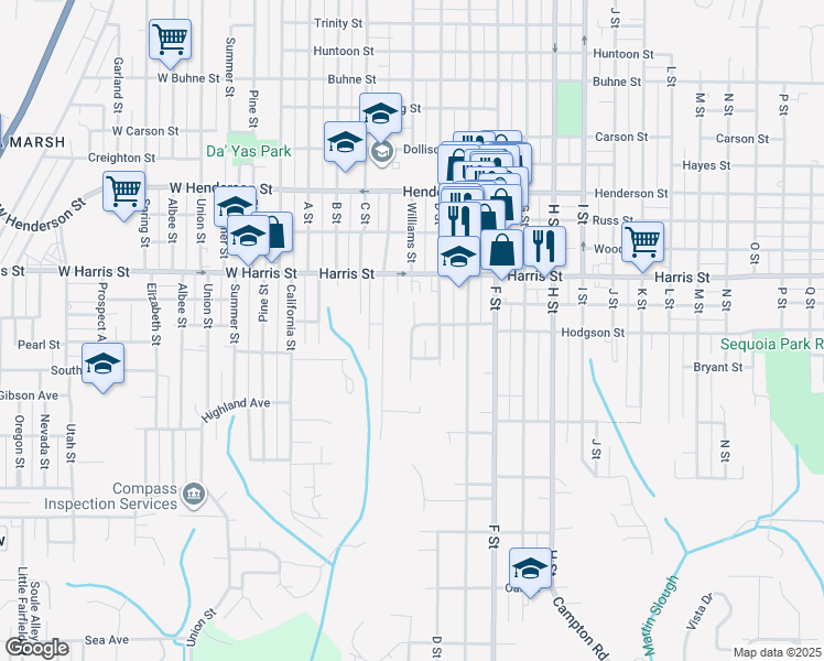 map of restaurants, bars, coffee shops, grocery stores, and more near 200 Hodgson Street in Eureka