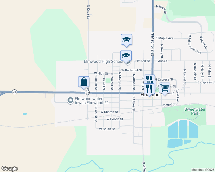 map of restaurants, bars, coffee shops, grocery stores, and more near 506 West Dearborn Street in Elmwood