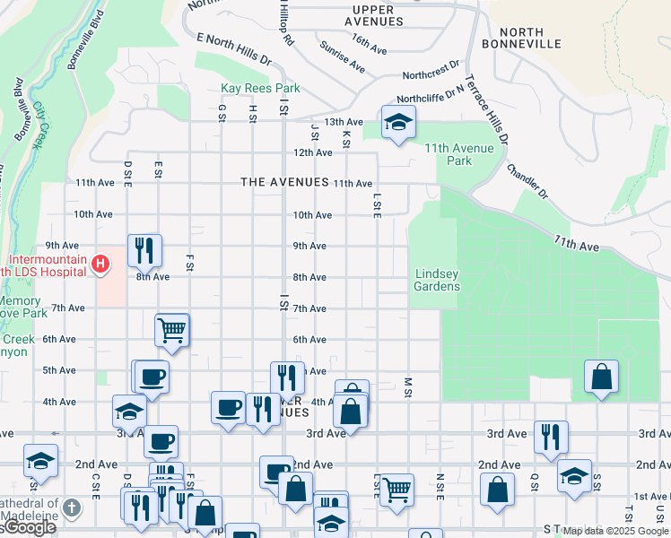 map of restaurants, bars, coffee shops, grocery stores, and more near 416 K Street East in Salt Lake City