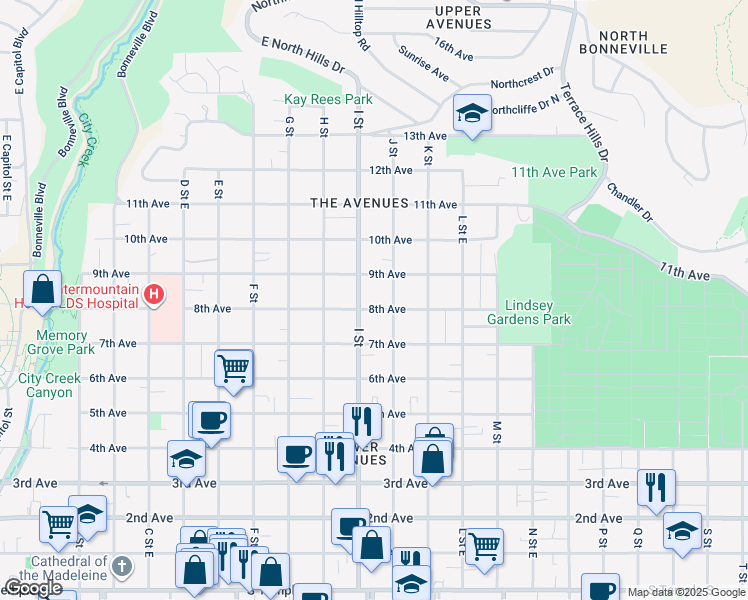map of restaurants, bars, coffee shops, grocery stores, and more near 420 I Street in Salt Lake City