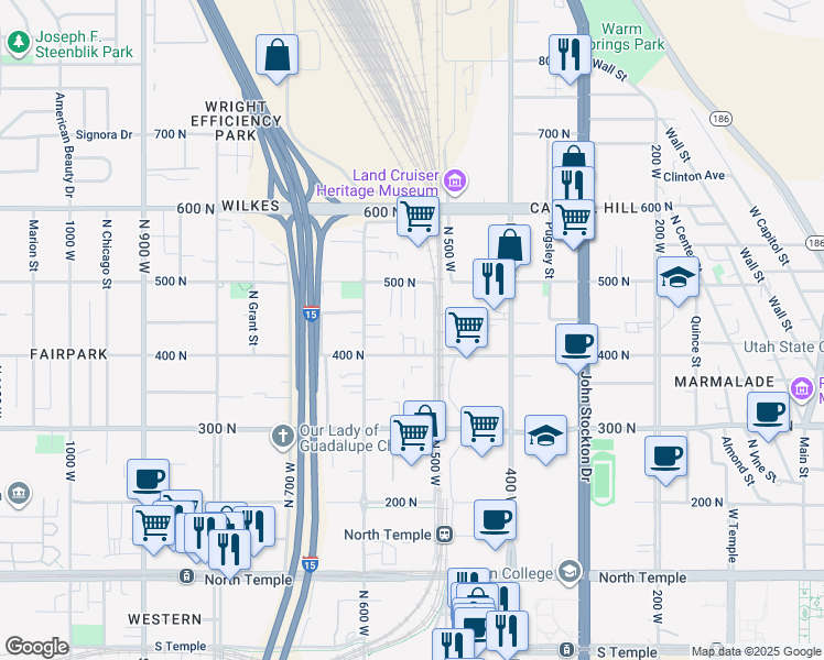 map of restaurants, bars, coffee shops, grocery stores, and more near 437 North 500 West in Salt Lake City