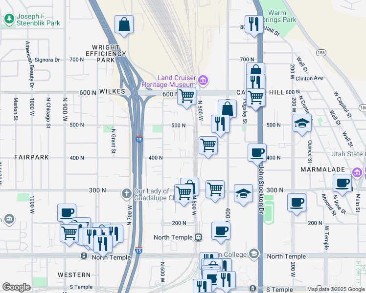 map of restaurants, bars, coffee shops, grocery stores, and more near 437 North 500 West in Salt Lake City