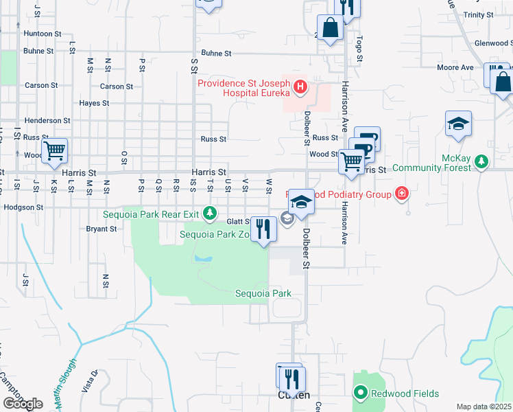 map of restaurants, bars, coffee shops, grocery stores, and more near 3211 W Street in Eureka