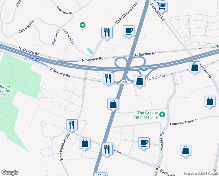 map of restaurants, bars, coffee shops, grocery stores, and more near 400 Broadhollow Road in Melville