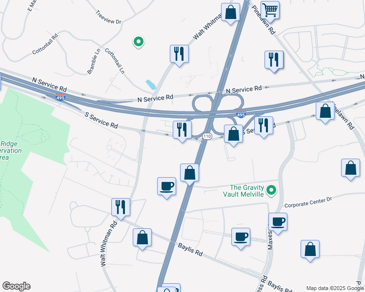 map of restaurants, bars, coffee shops, grocery stores, and more near 270 South Service Road in Melville
