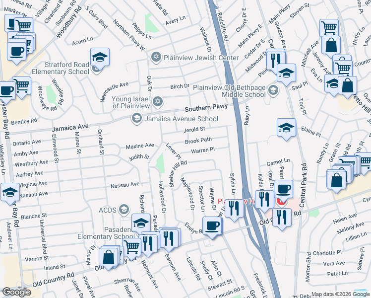 map of restaurants, bars, coffee shops, grocery stores, and more near 14 Brook Path in Plainview