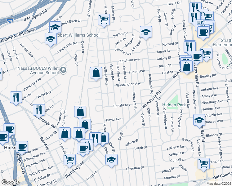 map of restaurants, bars, coffee shops, grocery stores, and more near 50 Moeller Street in Hicksville