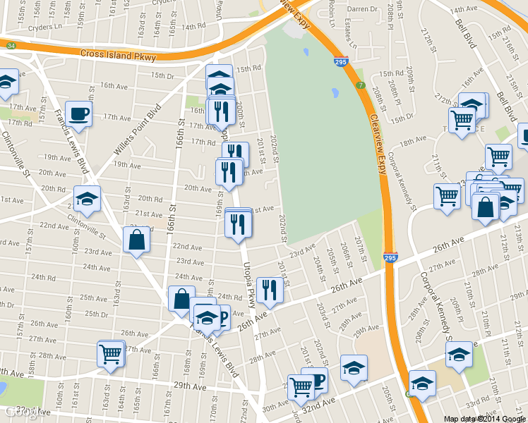 map of restaurants, bars, coffee shops, grocery stores, and more near 199-25 21st Avenue in Queens