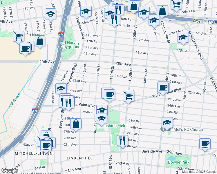 map of restaurants, bars, coffee shops, grocery stores, and more near 147-34 22nd Avenue in Queens