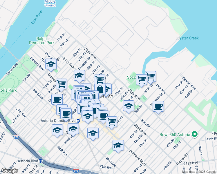 map of restaurants, bars, coffee shops, grocery stores, and more near 21-21 31st Street in Queens