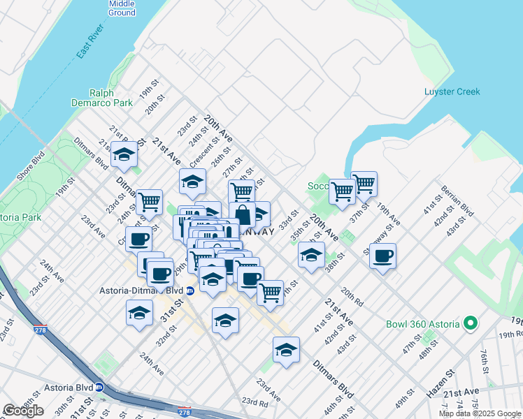 map of restaurants, bars, coffee shops, grocery stores, and more near 21-21 31st Street in Queens