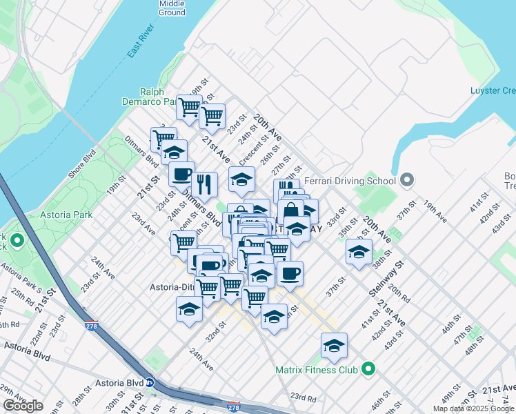 map of restaurants, bars, coffee shops, grocery stores, and more near 21-15 27th Street in Queens