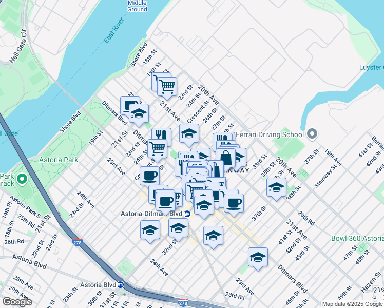 map of restaurants, bars, coffee shops, grocery stores, and more near 21-15 27th Street in Queens