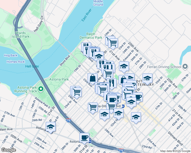 map of restaurants, bars, coffee shops, grocery stores, and more near 22-38 23rd Street in Queens