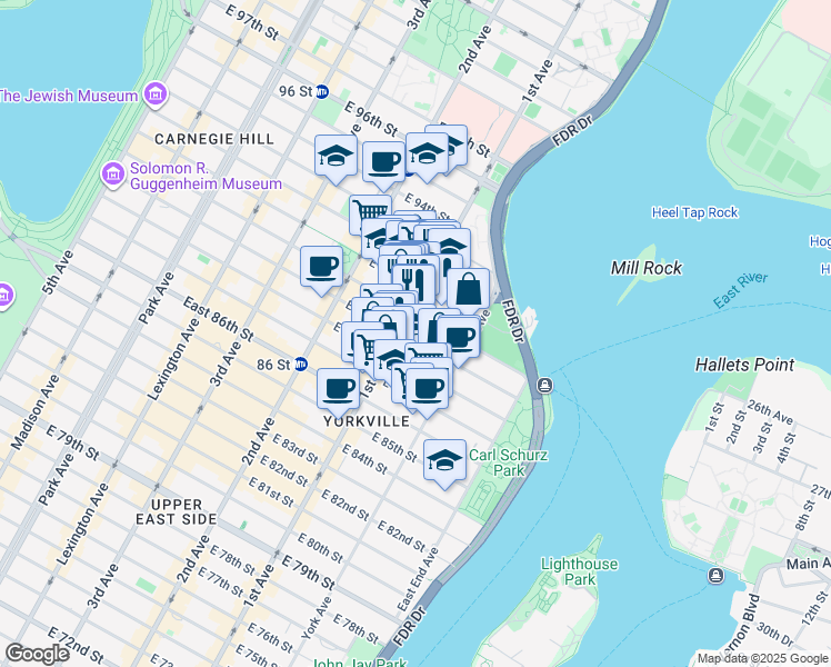 map of restaurants, bars, coffee shops, grocery stores, and more near 402 East 90th Street in New York