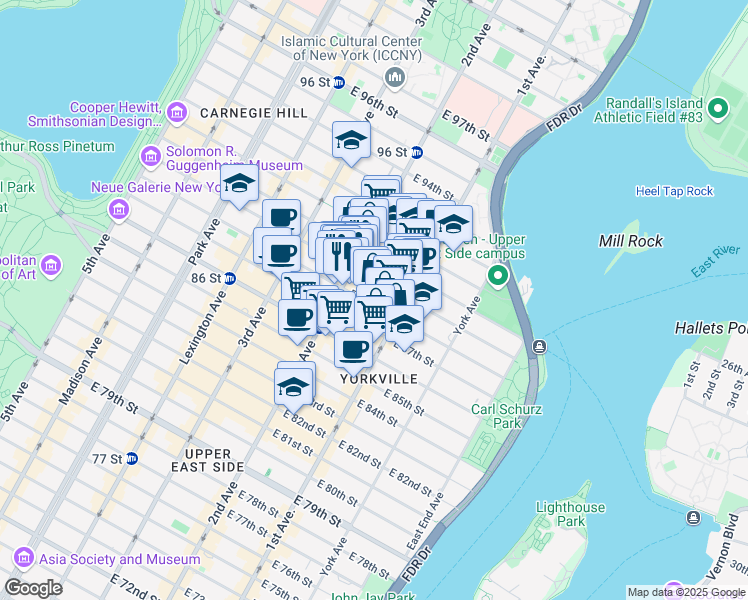 map of restaurants, bars, coffee shops, grocery stores, and more near 311 East 88th Street in New York