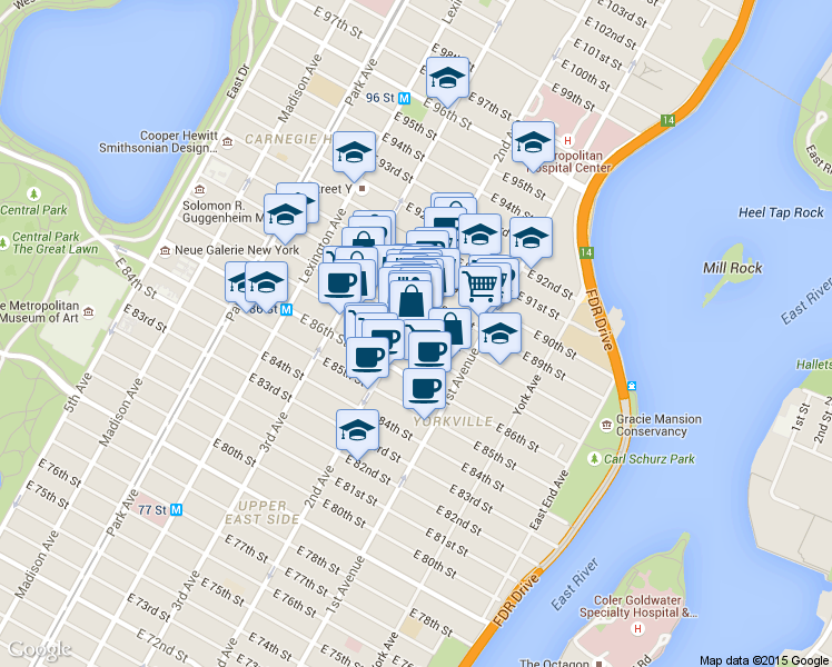 map of restaurants, bars, coffee shops, grocery stores, and more near 311 East 88th Street in New York