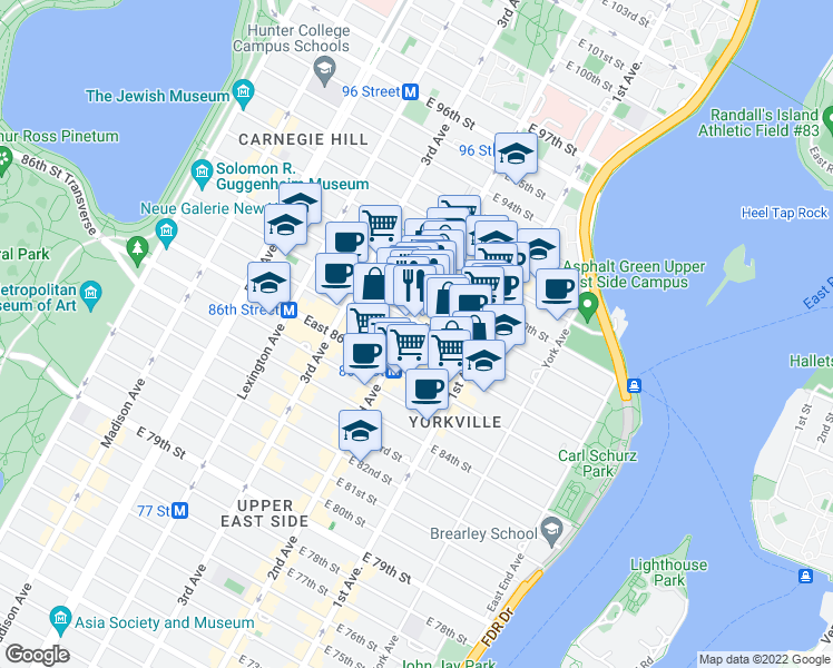 map of restaurants, bars, coffee shops, grocery stores, and more near 311 East 88th Street in New York
