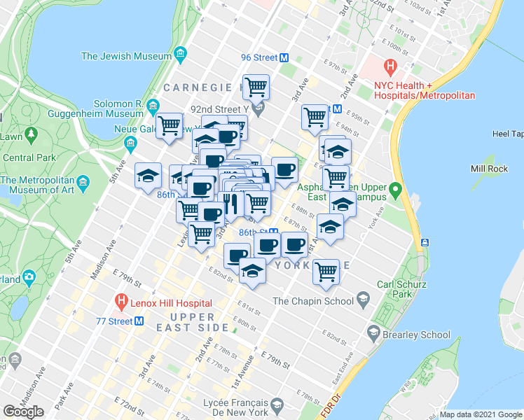 map of restaurants, bars, coffee shops, grocery stores, and more near 1529 3rd Avenue in New York
