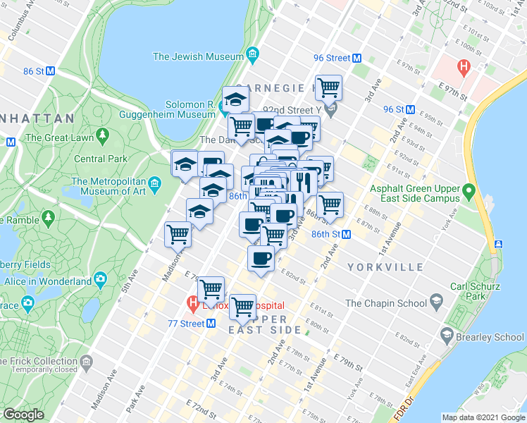 map of restaurants, bars, coffee shops, grocery stores, and more near in New York