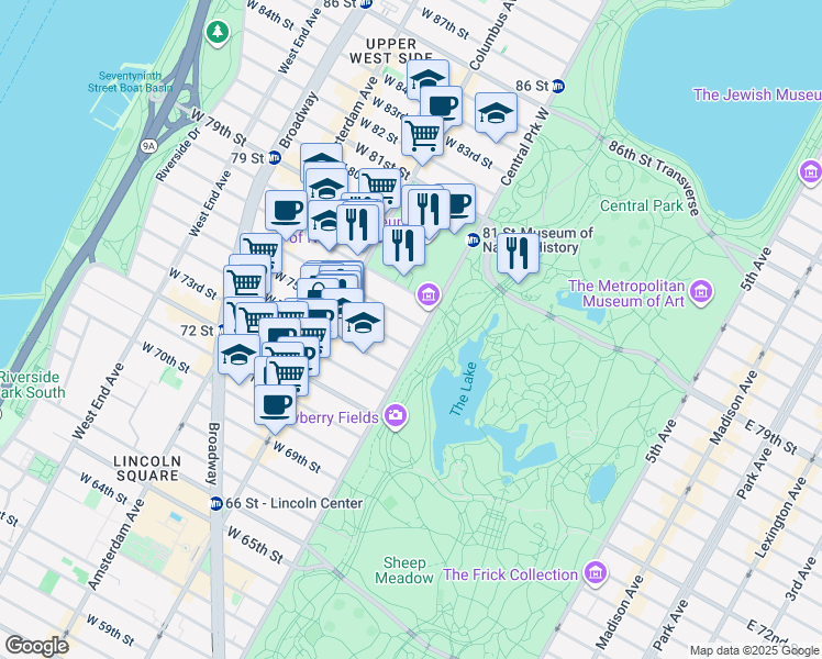 map of restaurants, bars, coffee shops, grocery stores, and more near 170 Central Park West in New York