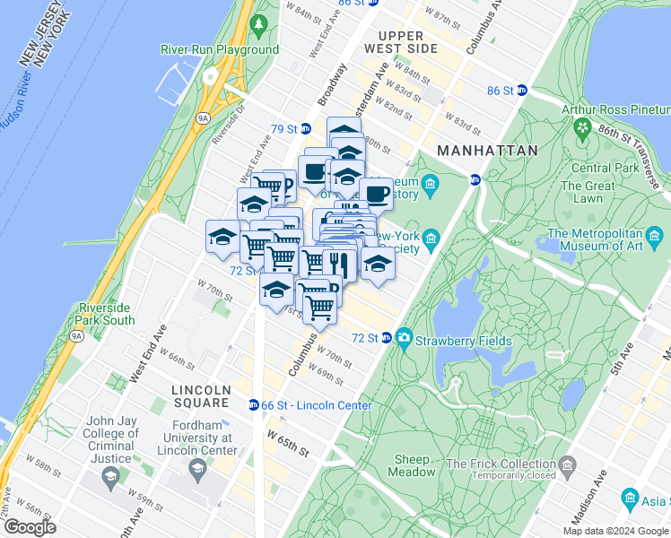 map of restaurants, bars, coffee shops, grocery stores, and more near in New York