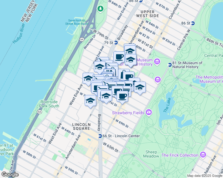 map of restaurants, bars, coffee shops, grocery stores, and more near 155 West 73rd Street in New York