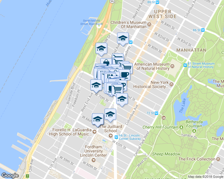 map of restaurants, bars, coffee shops, grocery stores, and more near 224 West 72nd Street in New York