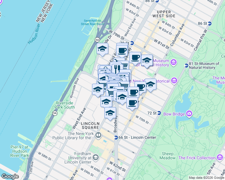 map of restaurants, bars, coffee shops, grocery stores, and more near 214 West 72nd Street in New York