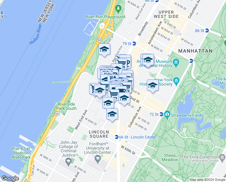 map of restaurants, bars, coffee shops, grocery stores, and more near 224 West 72nd Street in New York