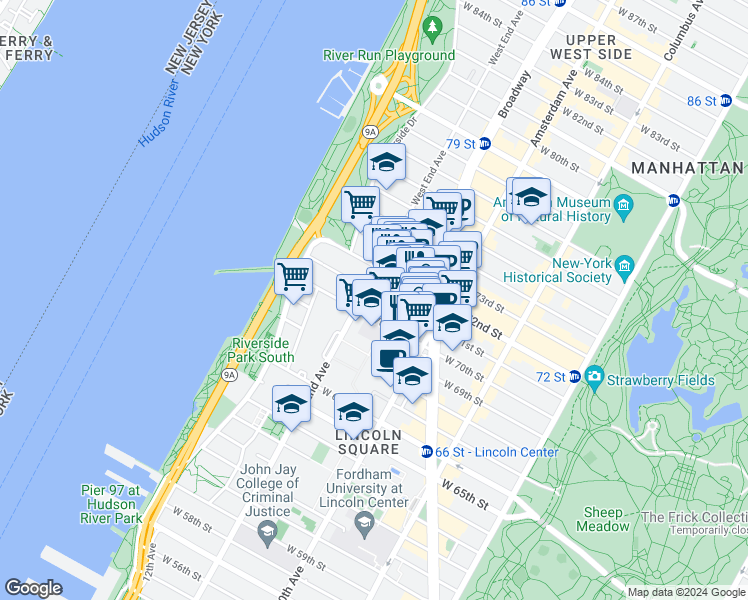 map of restaurants, bars, coffee shops, grocery stores, and more near 271 West 71st Street in New York