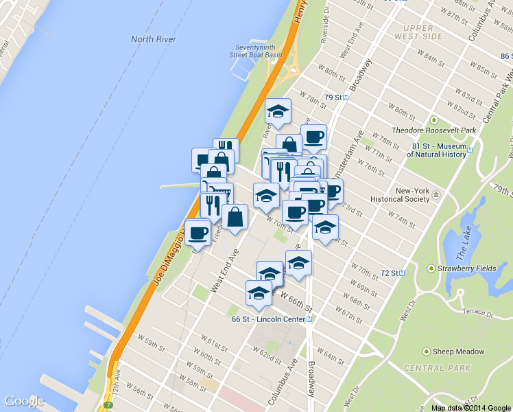 map of restaurants, bars, coffee shops, grocery stores, and more near 315 West 70th Street in New York