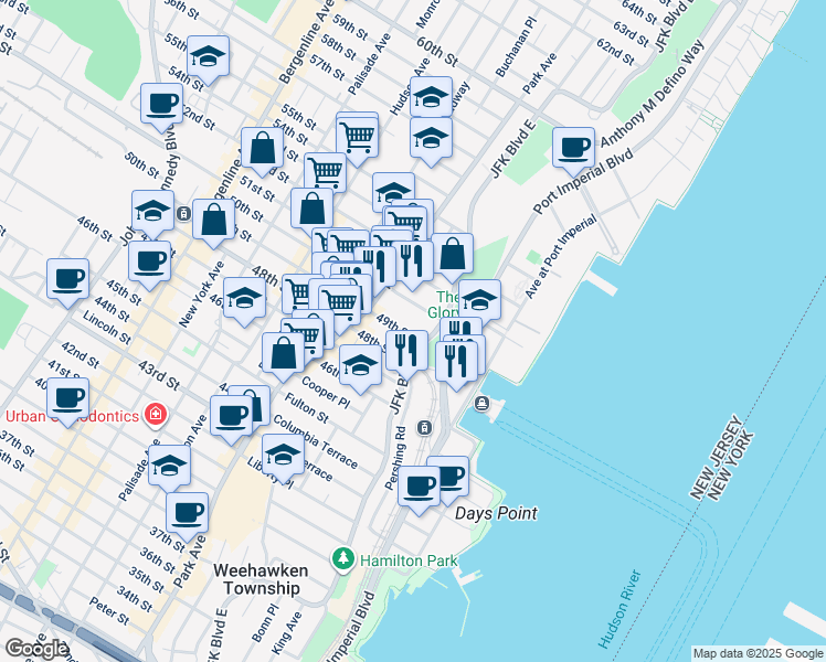 map of restaurants, bars, coffee shops, grocery stores, and more near 3 5 5oth Street in Weehawken