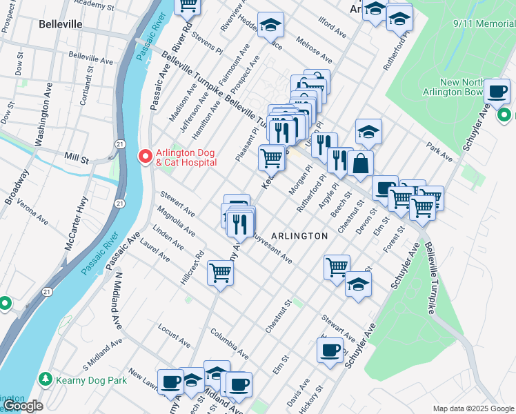 map of restaurants, bars, coffee shops, grocery stores, and more near 790 Kearny Avenue in Kearny
