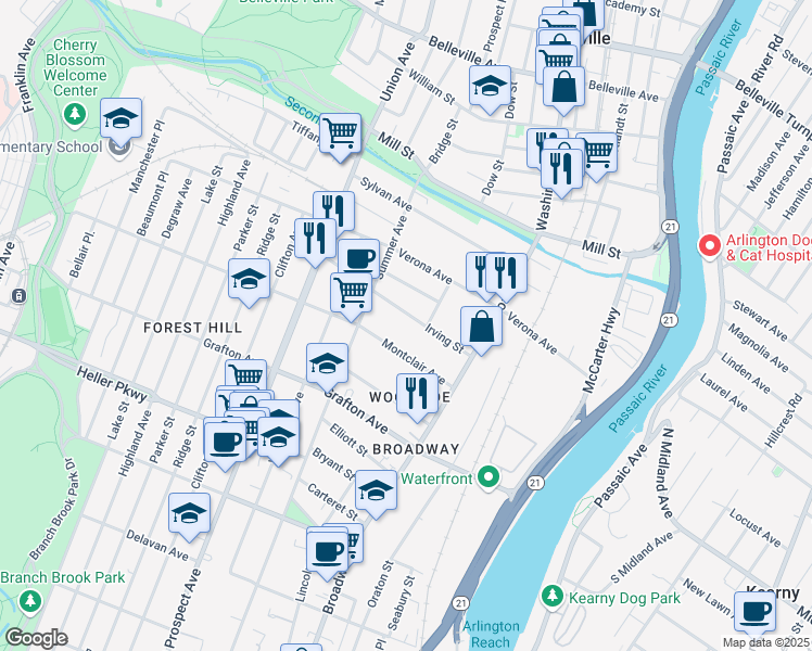 map of restaurants, bars, coffee shops, grocery stores, and more near 68 Irving Street in Newark